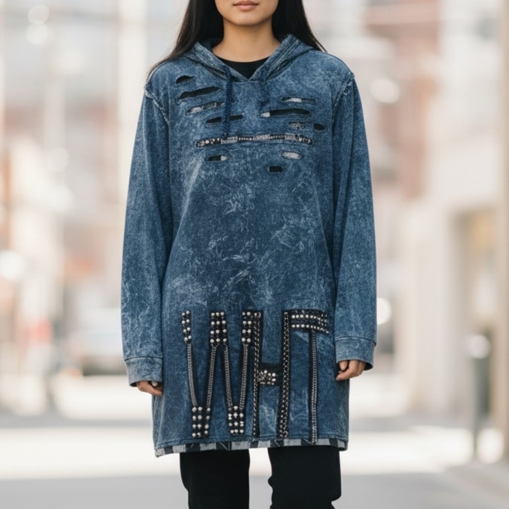 Signet Acid Wash Studded Ripped Long Sleeve Hooded Dress